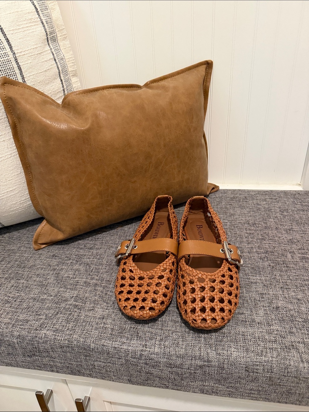 Woven Mary Jane Mules in Brown with Buckle Strap